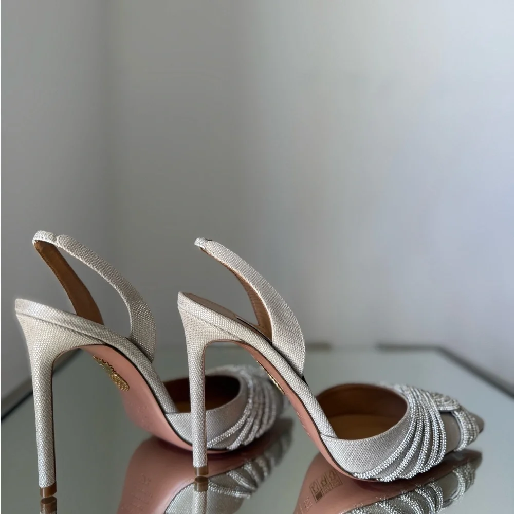 New AQUAZZURA Gatsby 105 crystal-embellished metallic canvas slingback pumps - Picture 10 of 13